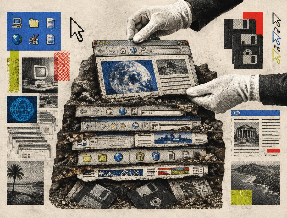 Archival hands excavating layers of early browser windows, cursors, and floppy disks