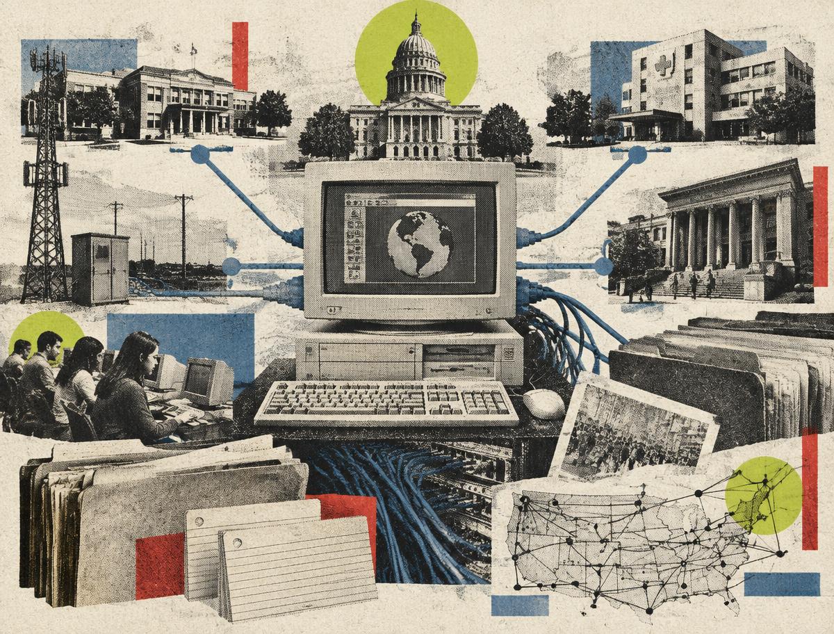 A retro computer linked to civic buildings, utility networks, and archival files