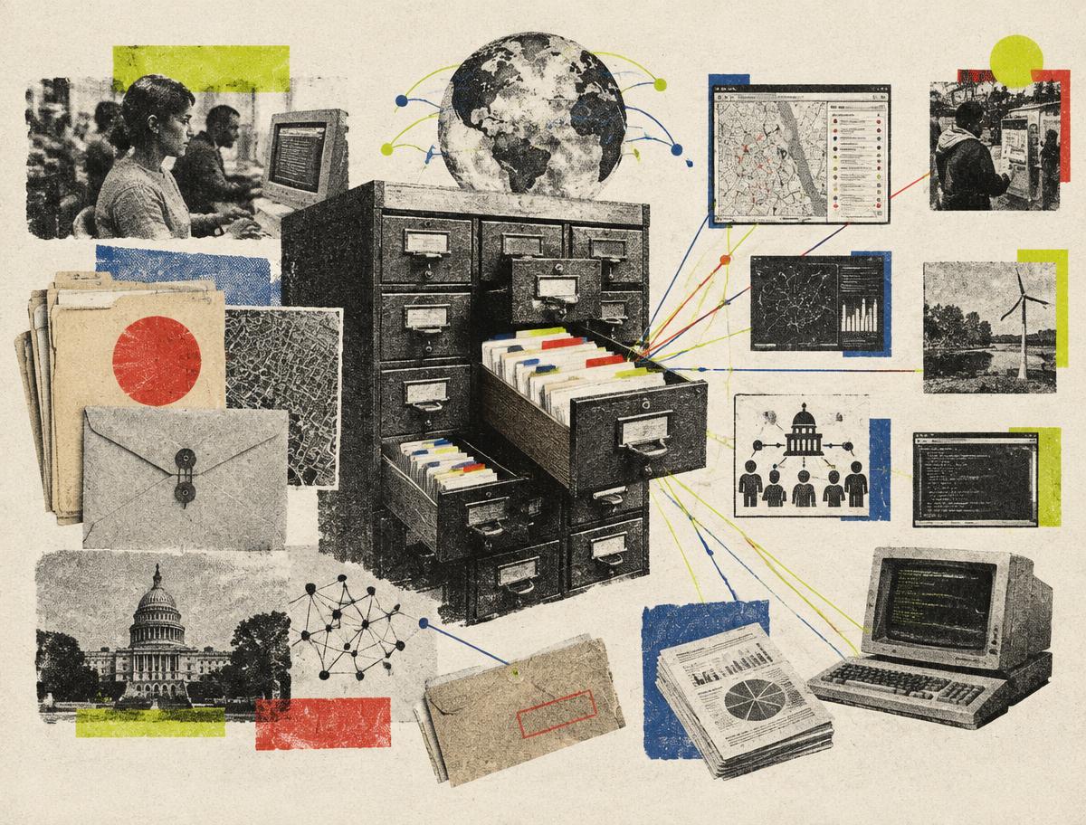 A card catalogue connecting civic technology research, public institutions, and grant files