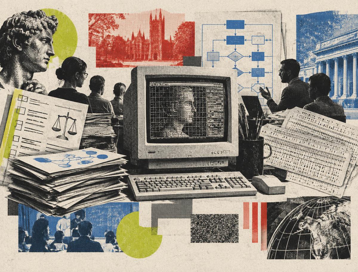 A CRT computer surrounded by ethics forms, institutional diagrams, and human observers