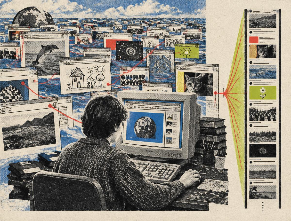 A web surfer navigating an ocean of personal websites beside a narrow algorithmic feed